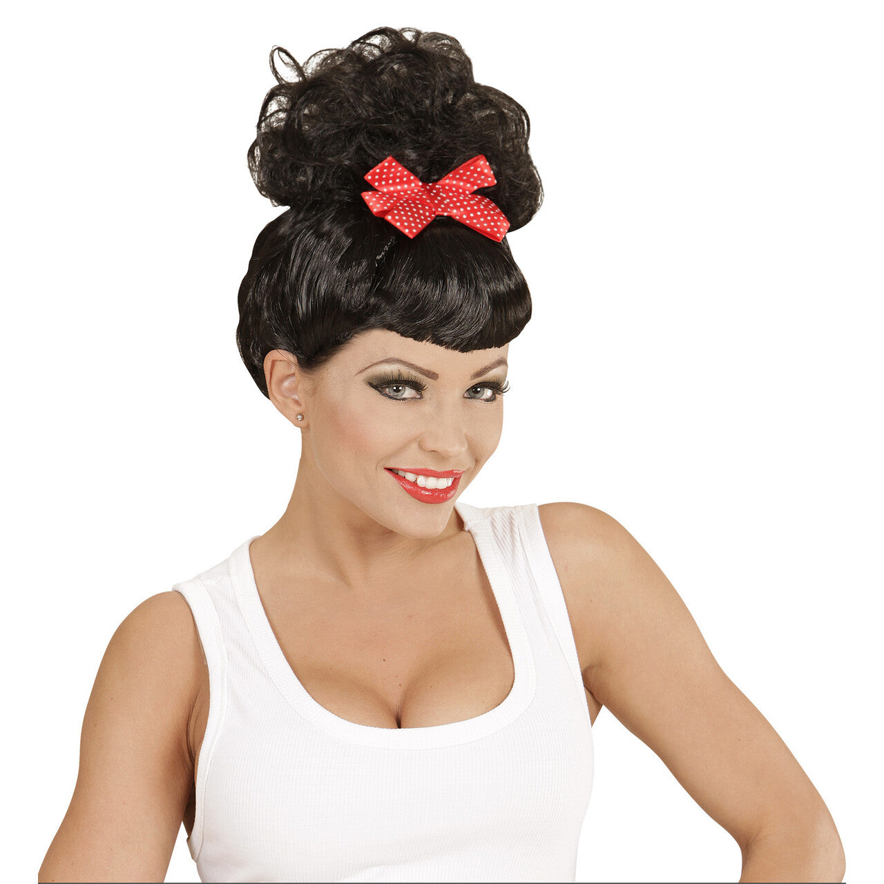 Op deze afbeelding zie je een Accessoires, van het merk Widmann. 50s Pruik, Rock Pin Up Girl Zwart Met Rode Strik