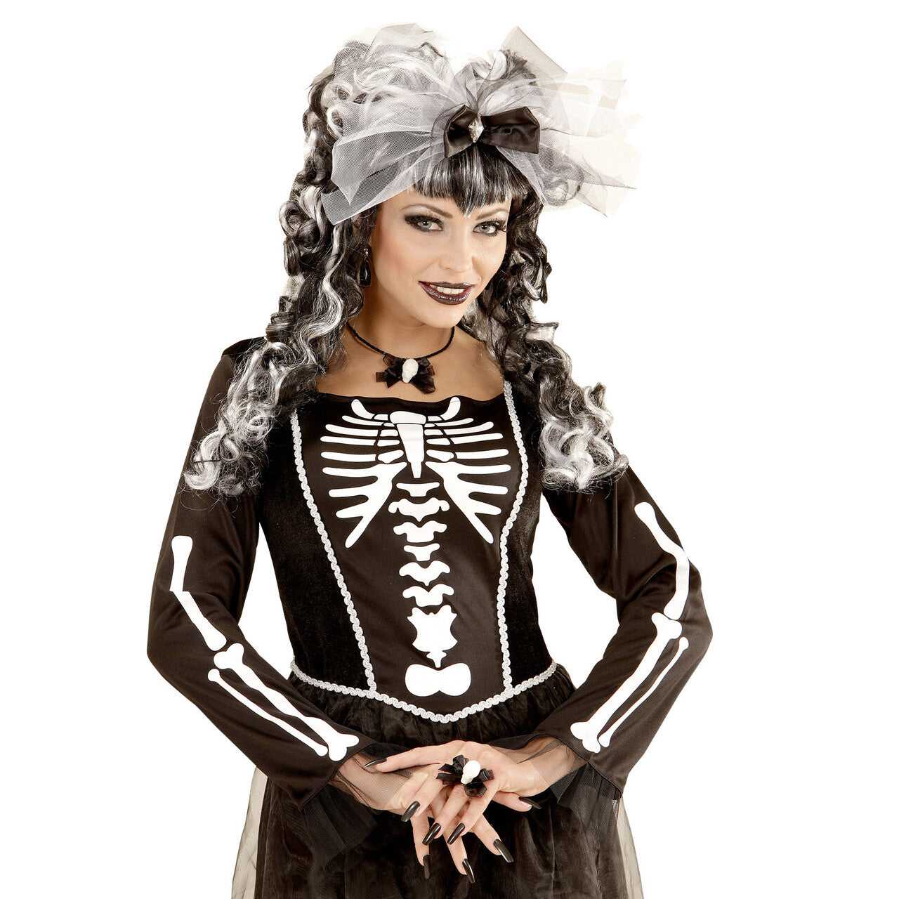 Op deze afbeelding zie je een Accessoires, van het merk Widmann. Halloween Juweel Ketting Glitter Schedel Met Strikje