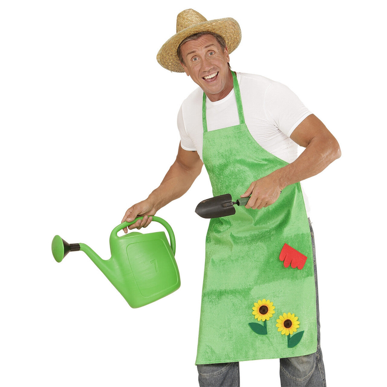 Op deze afbeelding zie je een Kostuums, van het merk Widmann. Schort Tuinman Met Zonnebloemen Ms Greenfingers Kostuum