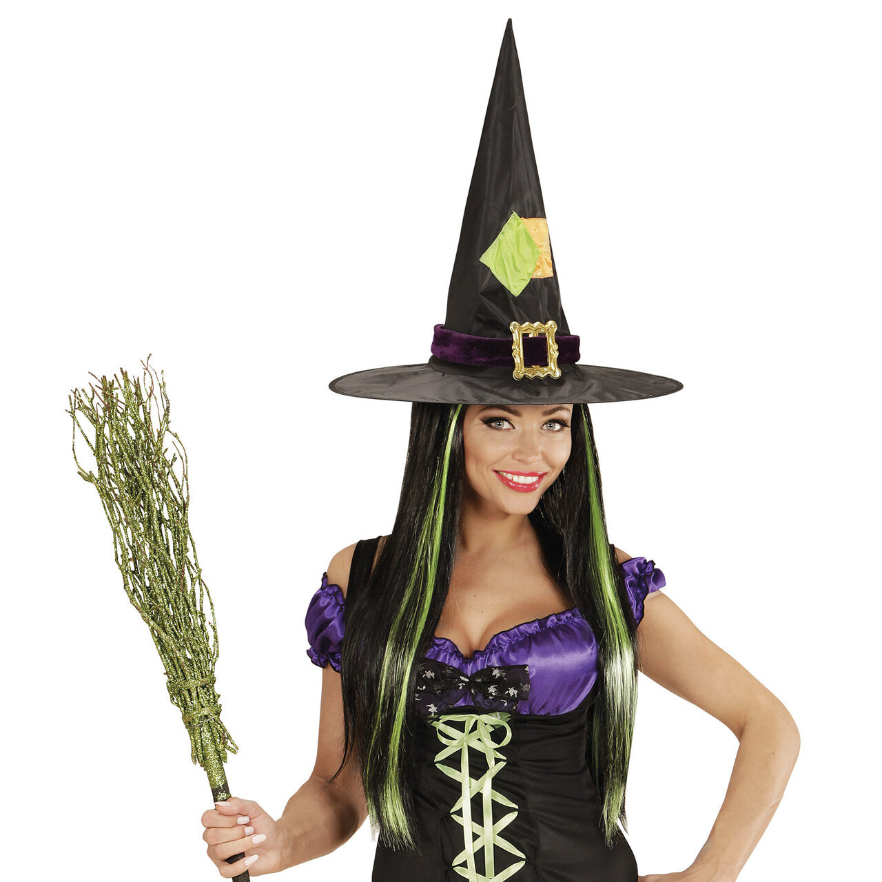 Op deze afbeelding zie je een Accessoires, van het merk Widmann. Fantasy Pruik, Zwart Met Groene Highlights