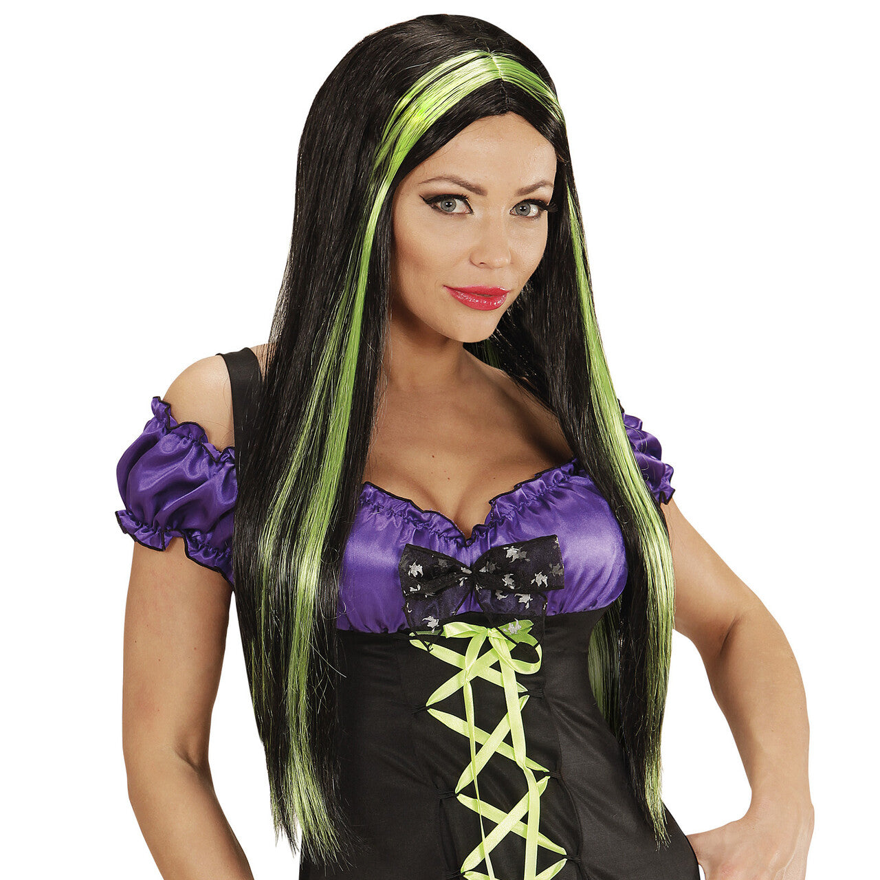 Op deze afbeelding zie je een Accessoires, van het merk Widmann. Fantasy Pruik, Zwart Met Groene Highlights