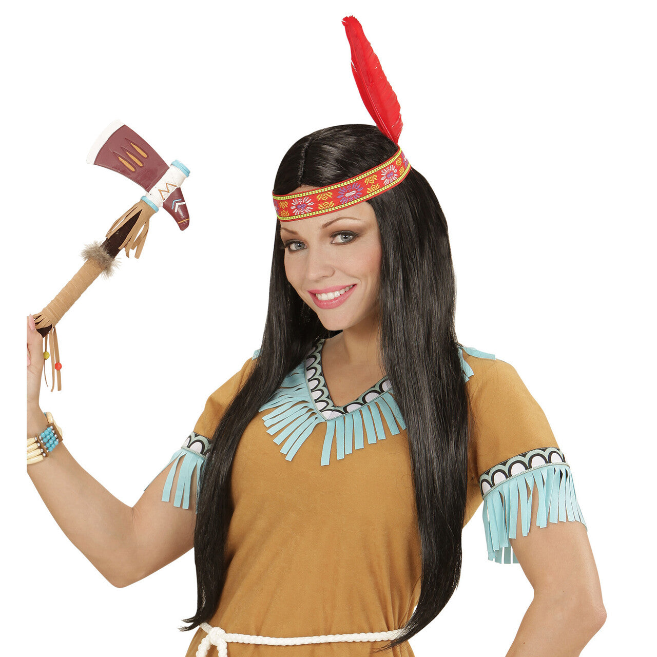 Op deze afbeelding zie je een Accessoires, van het merk Widmann. Shawabata Pruik, Indiaan Met Hoofdband En Veer