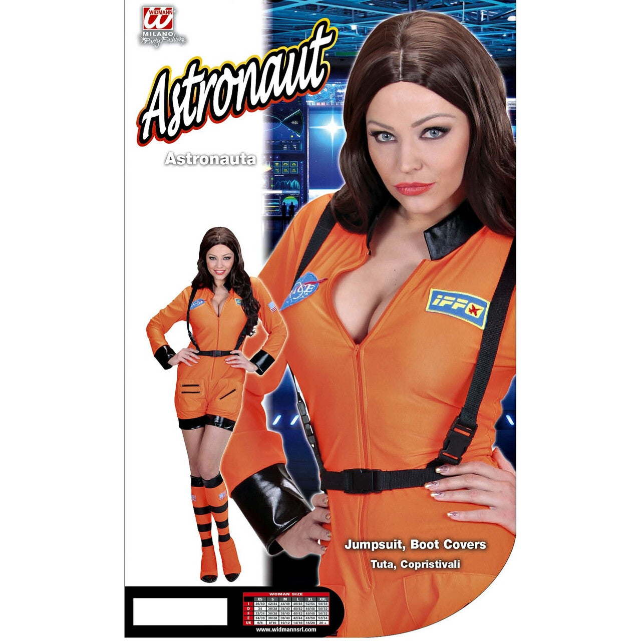 Op deze afbeelding zie je een Kostuums, van het merk Widmann. Vrouwelijke Astronaute Oranje Miss Iss Kostuum