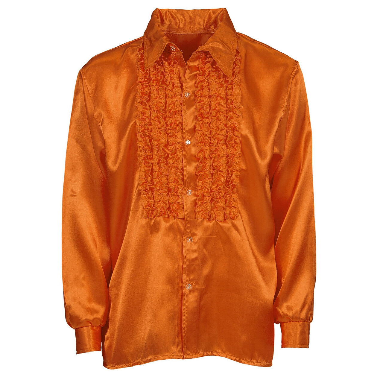 Op deze afbeelding zie je een Kostuums, van het merk Widmann. Lekker Foute Blouse Met Ruches Oranje Man