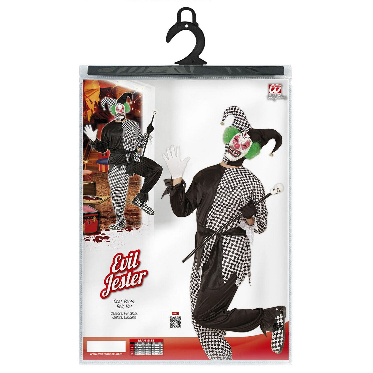 Op deze afbeelding zie je een Kostuums, van het merk Widmann. Jolige Evil Jester Zwart / Wit Man Kostuum
