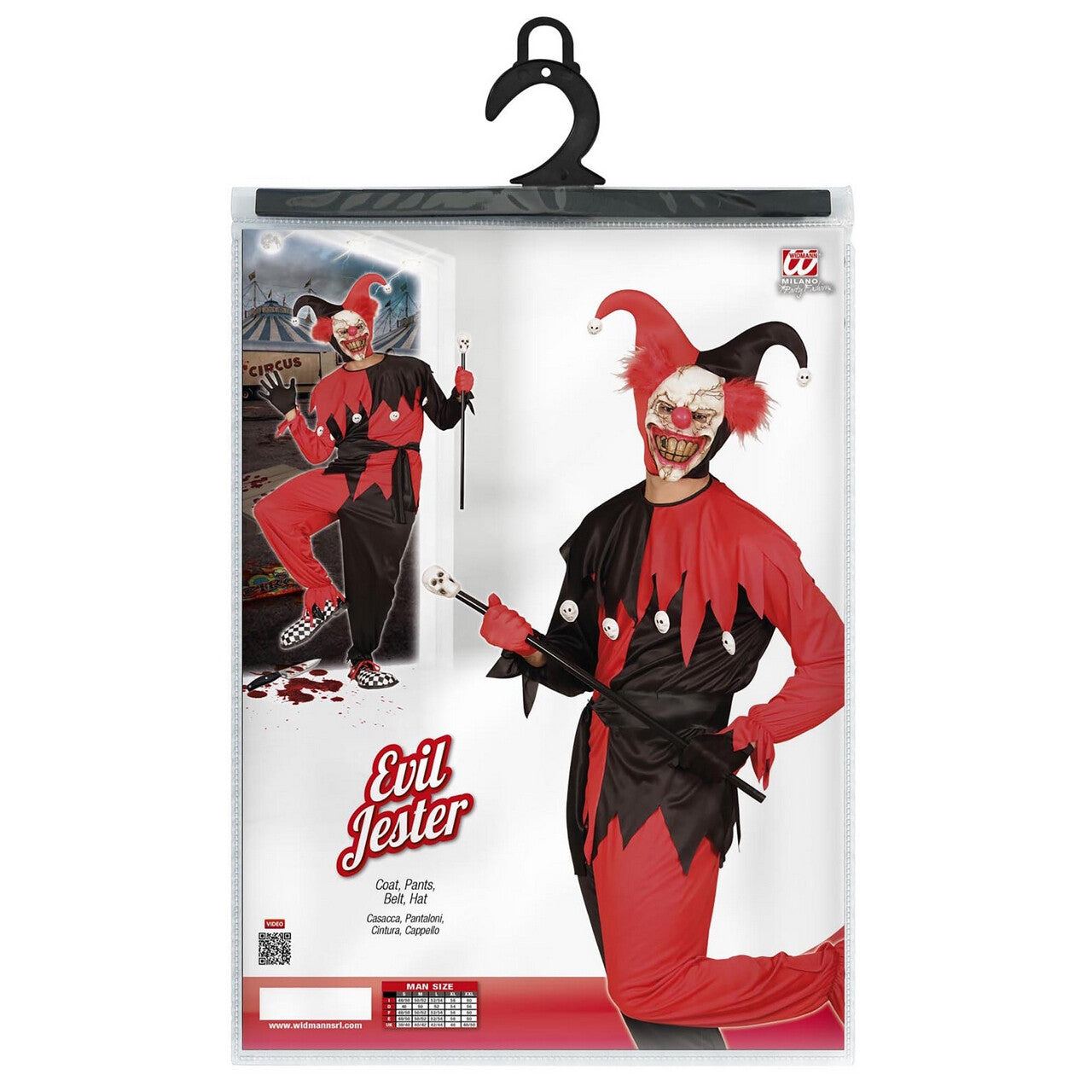 Op deze afbeelding zie je een Kostuums, van het merk Widmann. Jolige Evil Jester Zwart / Rood Man Kostuum