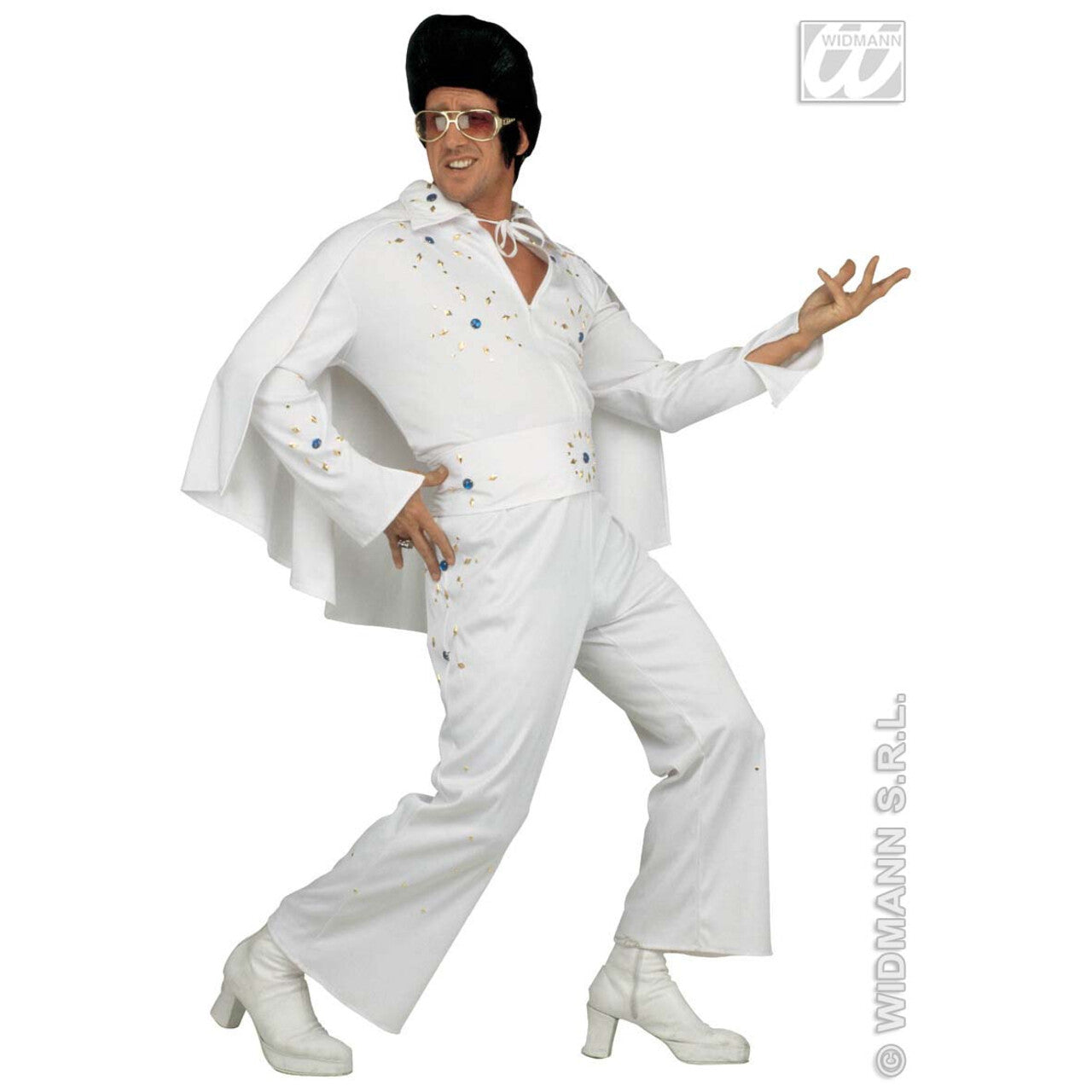 Op deze afbeelding zie je een Kostuums, van het merk Widmann. King Of Rock, Zeer Luxe Uitvoering White Elvis Kostuum Man