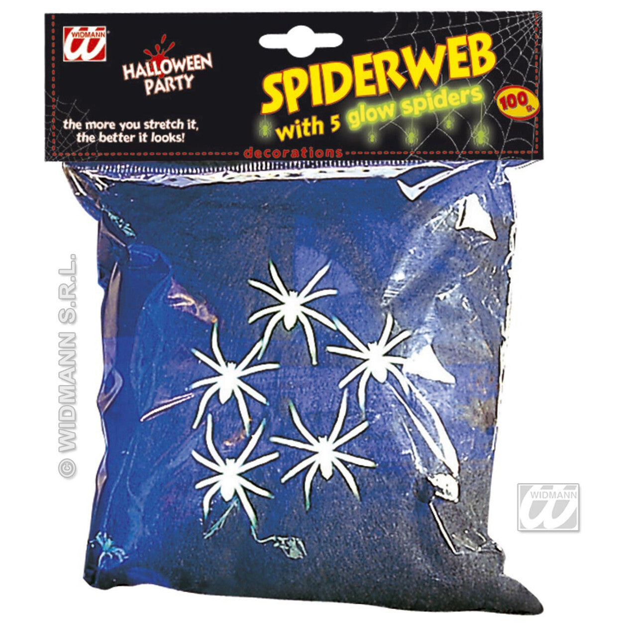 Op deze afbeelding zie je een Decoratie, van het merk Widmann. Spinnenweb Zwart, 100gram Met 5 Spinnen