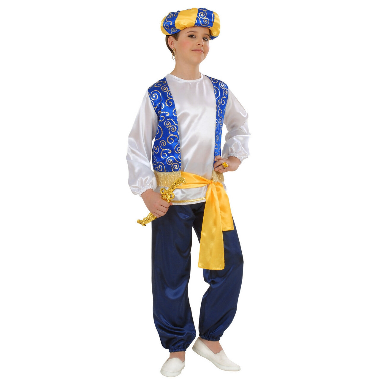 Op deze afbeelding zie je een Kostuums, van het merk Widmann. Blauw Geel Arabische Prins Jongen Compleet Kostuum