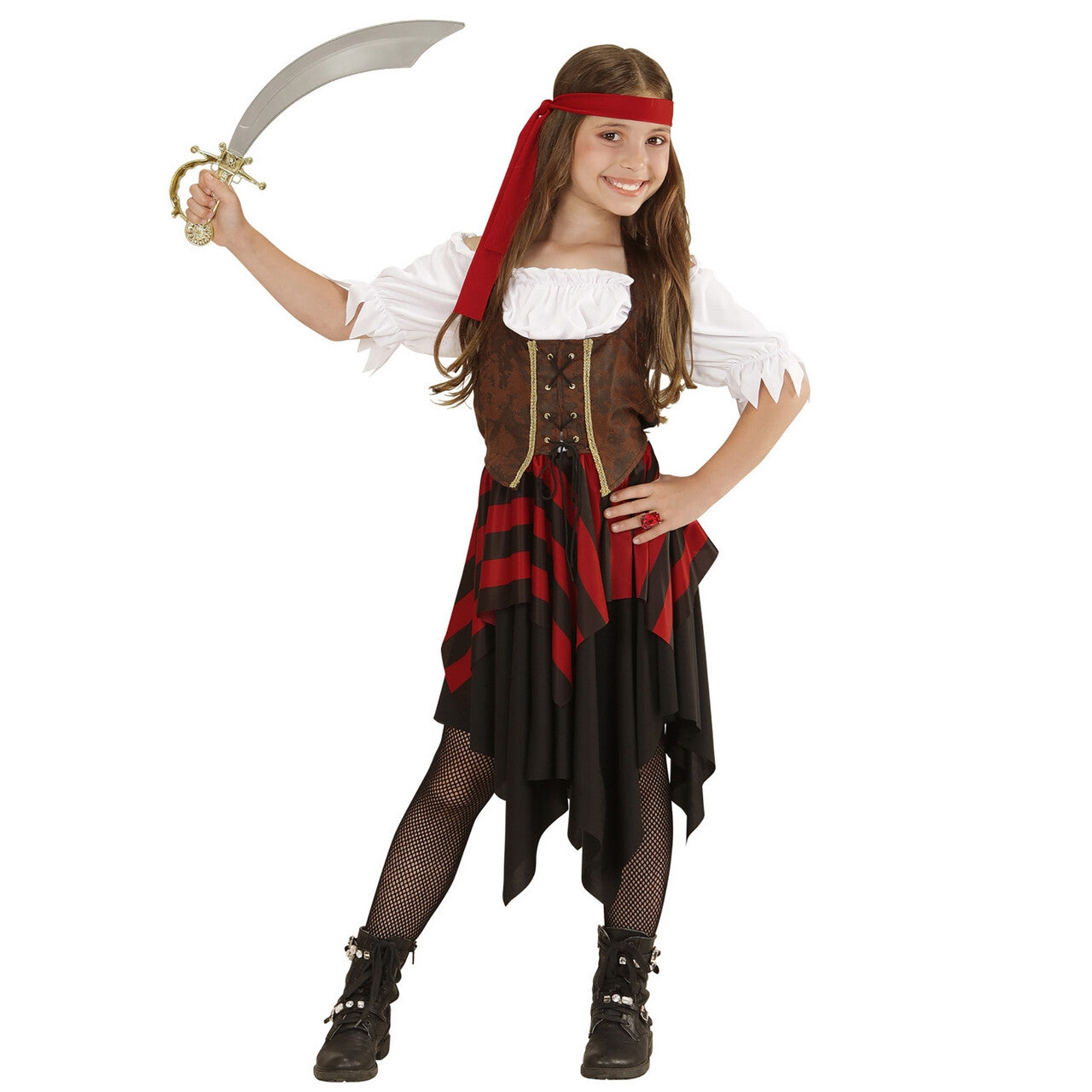 Op deze afbeelding zie je een Kostuums, van het merk Widmann. Boekanier Killer Piratenmeisje Bruin Rood Kostuum