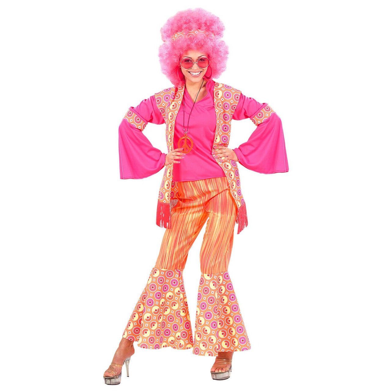 Op deze afbeelding zie je een Kostuums, van het merk Widmann. Hippie Dame Ms Pink Kostuum Vrouw