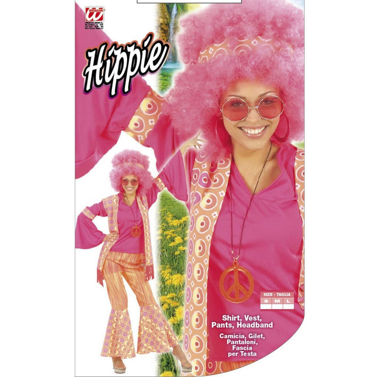Op deze afbeelding zie je een Kostuums, van het merk Widmann. Hippie Dame Ms Pink Kostuum Vrouw