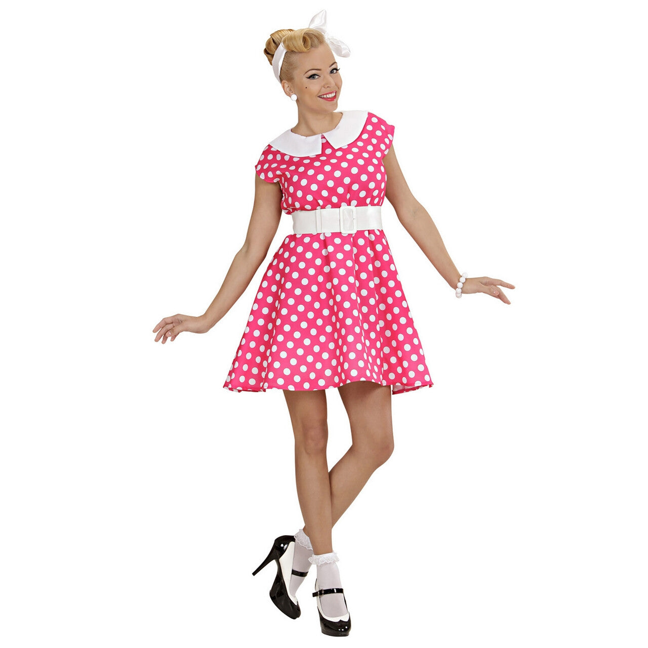 Op deze afbeelding zie je een Kostuums, van het merk Widmann. Jurk 50s Roze Ms Diner Kostuum Vrouw