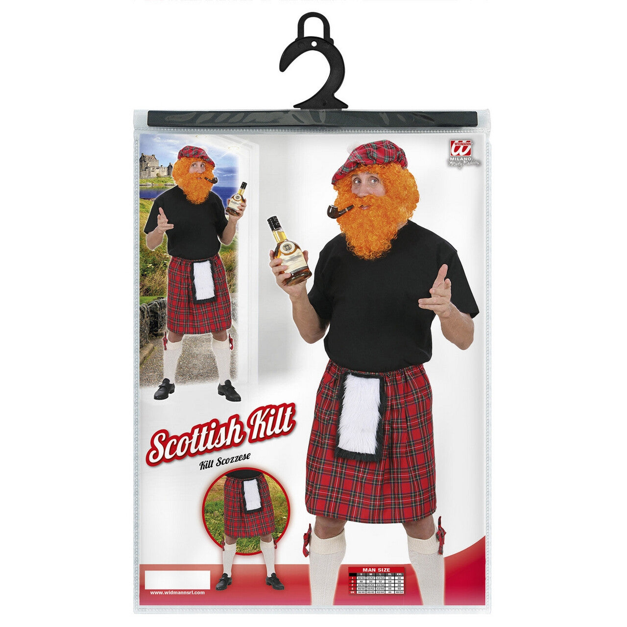Op deze afbeelding zie je een Kostuums, van het merk Widmann. Schotse Kilt Rode Ruiten Man