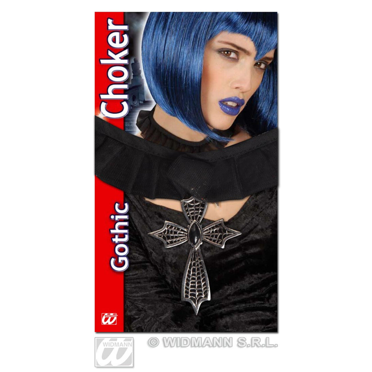 Op deze afbeelding zie je een Accessoires, van het merk Widmann. Choker Kruis Met Zwarte Gemsteen
