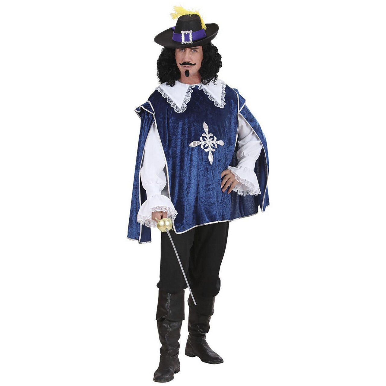 Op deze afbeelding zie je een Kostuums, van het merk Widmann. Musketier Dartagnan En Garde Blauw Kostuum Man