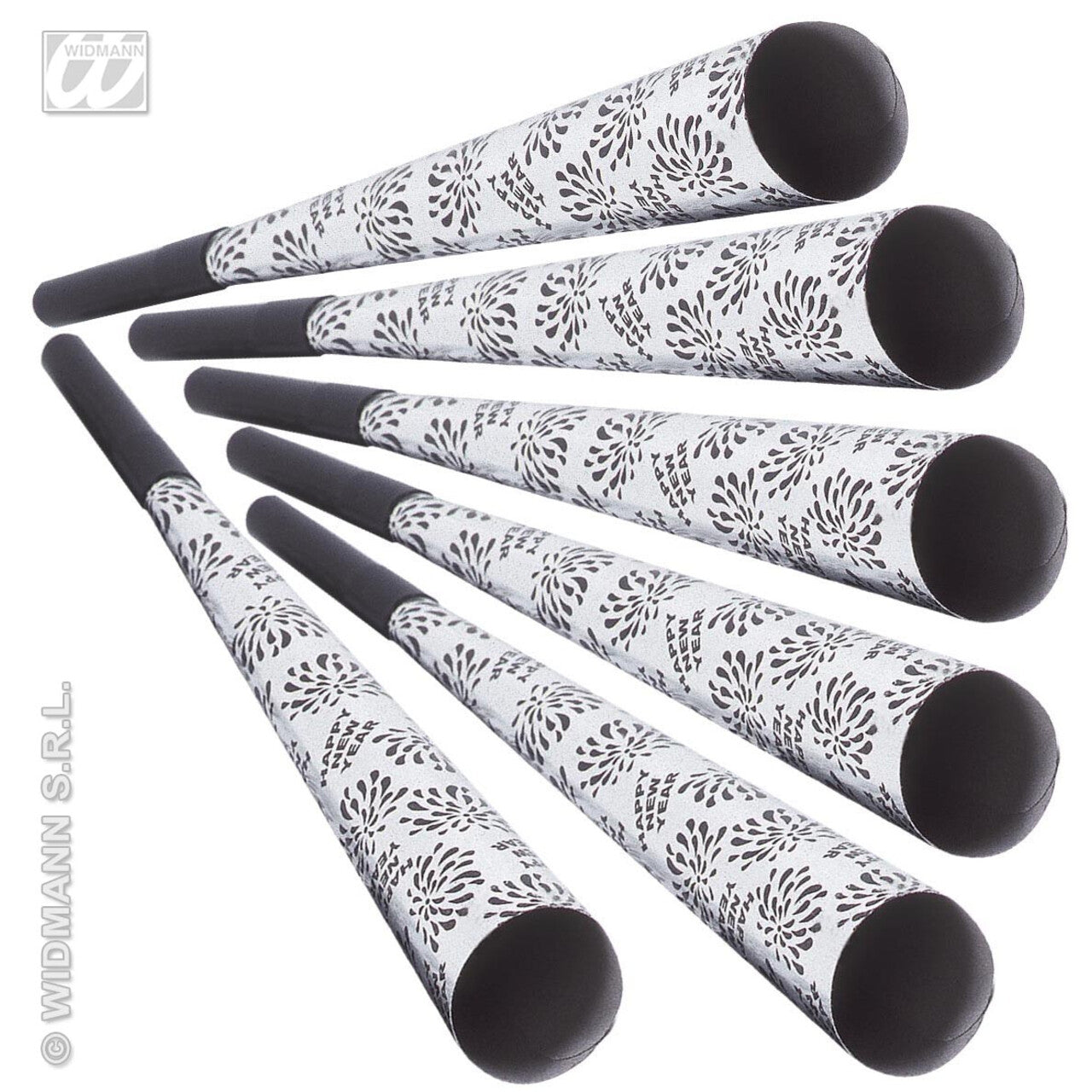 Op deze afbeelding zie je een Accessoires, van het merk Widmann. 6 Happy New Year Toeters 25 Centimeter Zilver