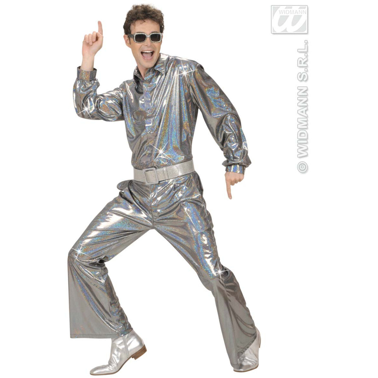 Op deze afbeelding zie je een Kostuums, van het merk Widmann. Holografische Broek, Zilver Man