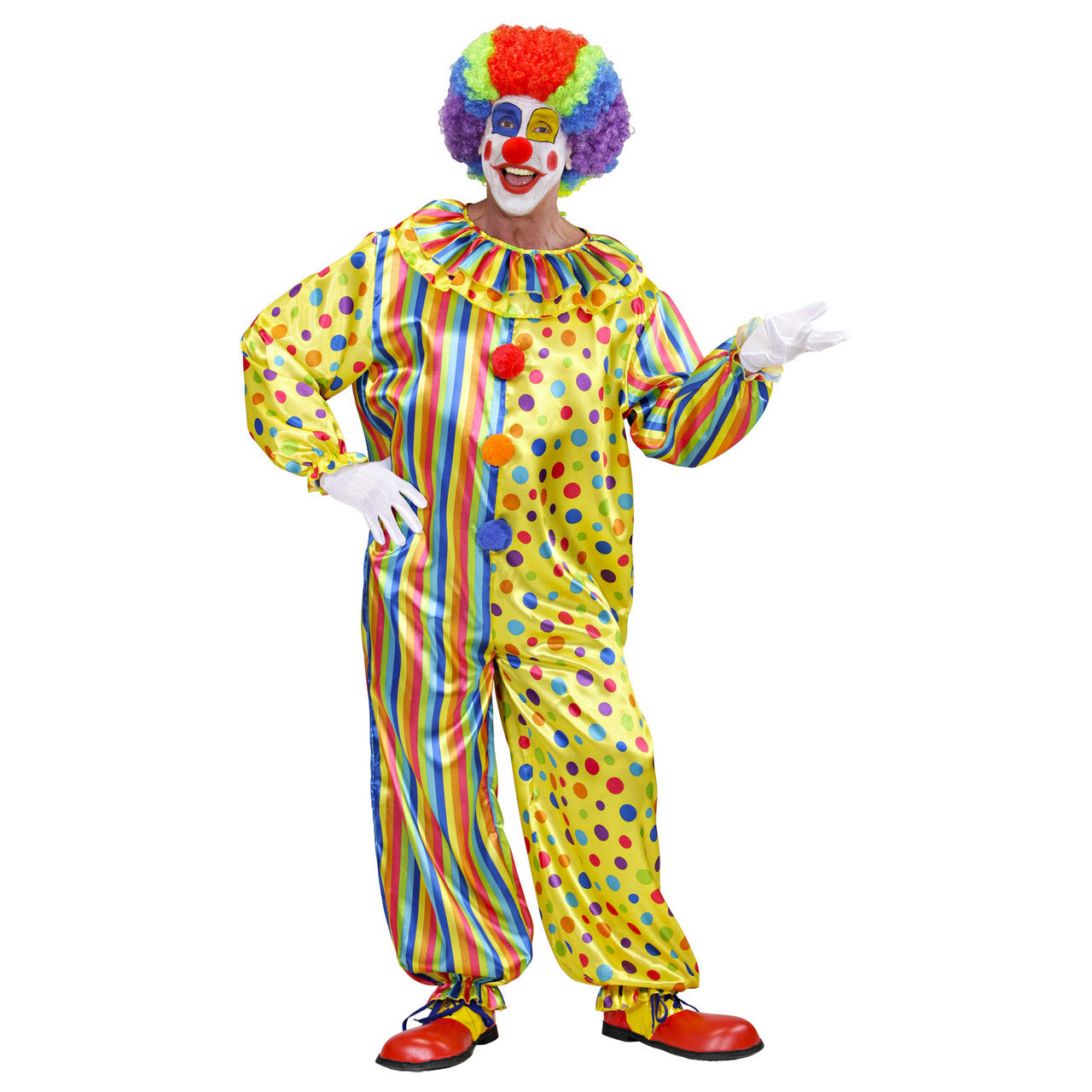 Op deze afbeelding zie je een Kostuums, van het merk Widmann. Veelkleurige Clown Jumpsuit Volwassen Kostuum