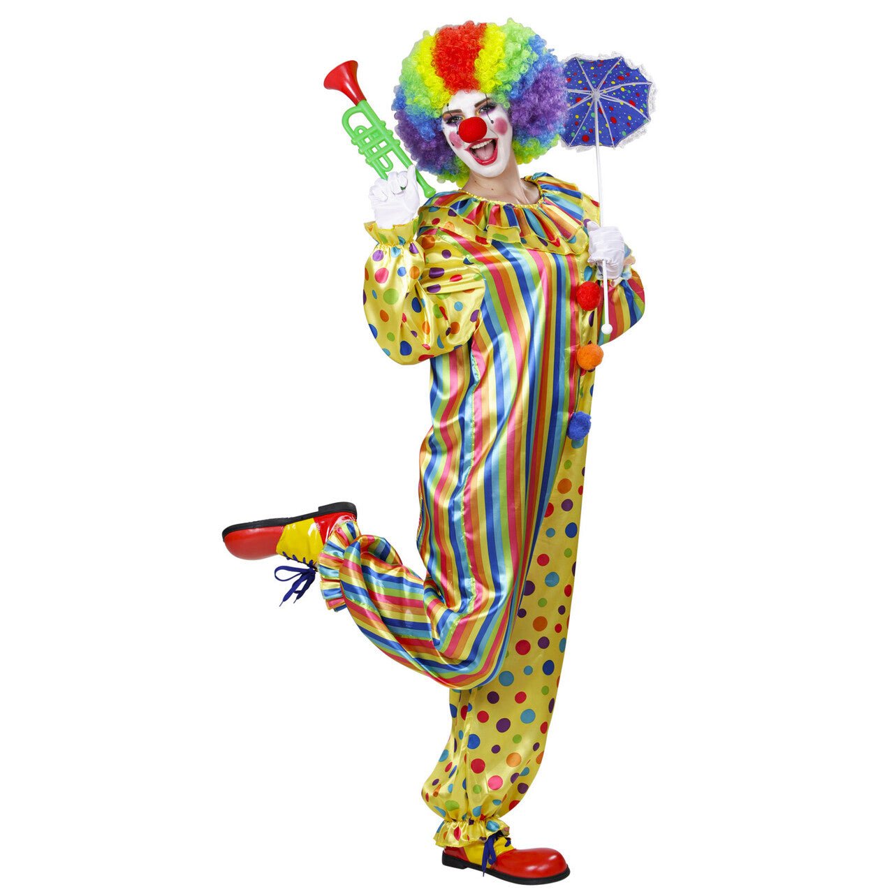 Op deze afbeelding zie je een Kostuums, van het merk Widmann. Veelkleurige Clown Jumpsuit Volwassen Kostuum