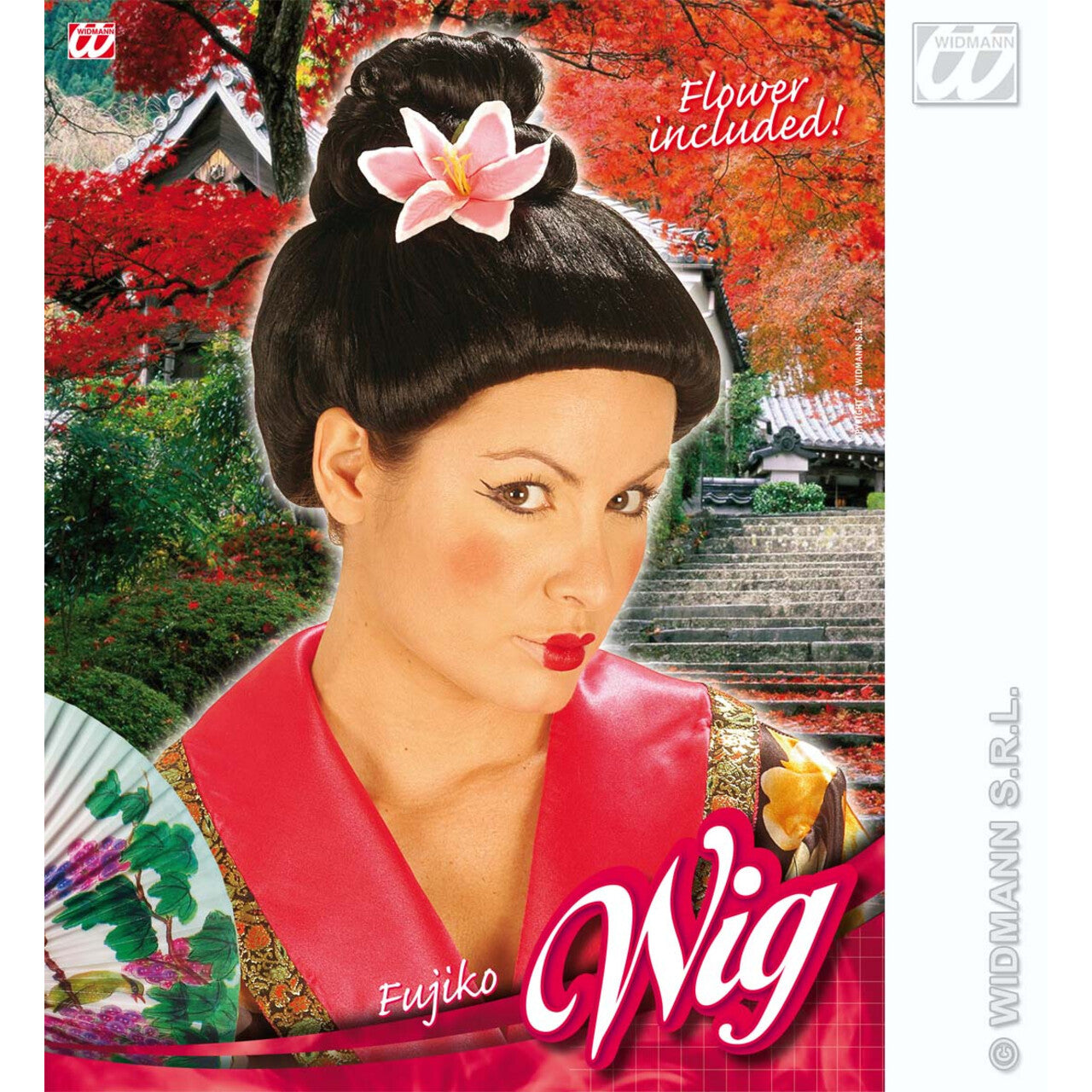 Op deze afbeelding zie je een Accessoires, van het merk Widmann. Pruik, Fujiko Met Bloem