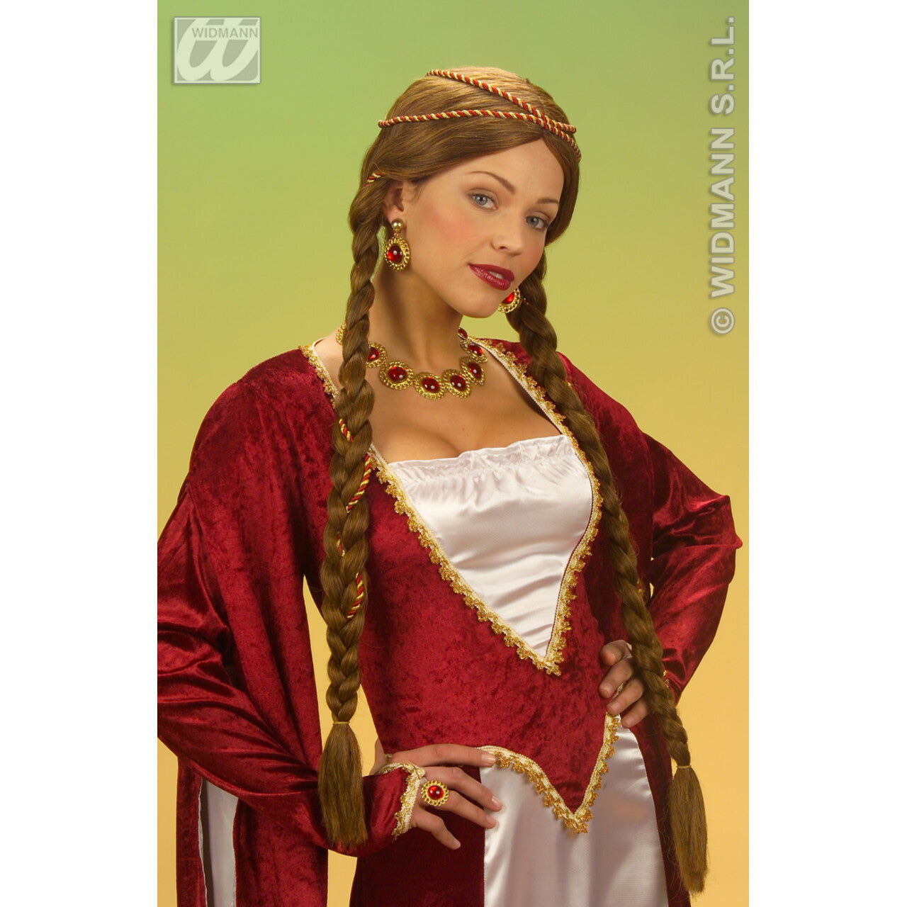 Op deze afbeelding zie je een Accessoires, van het merk Widmann. Pruik Middeleeuwse Koningin Bruin