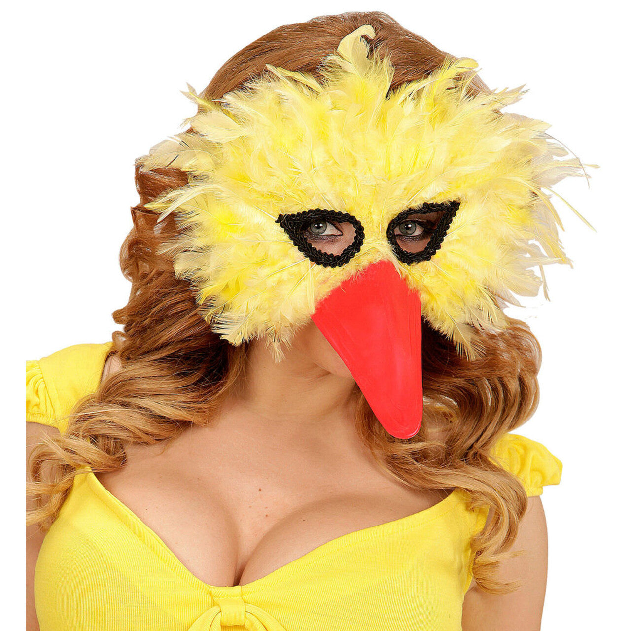 Op deze afbeelding zie je een Accessoires, van het merk Widmann. Grappig Veren Masker Vogel, Geel