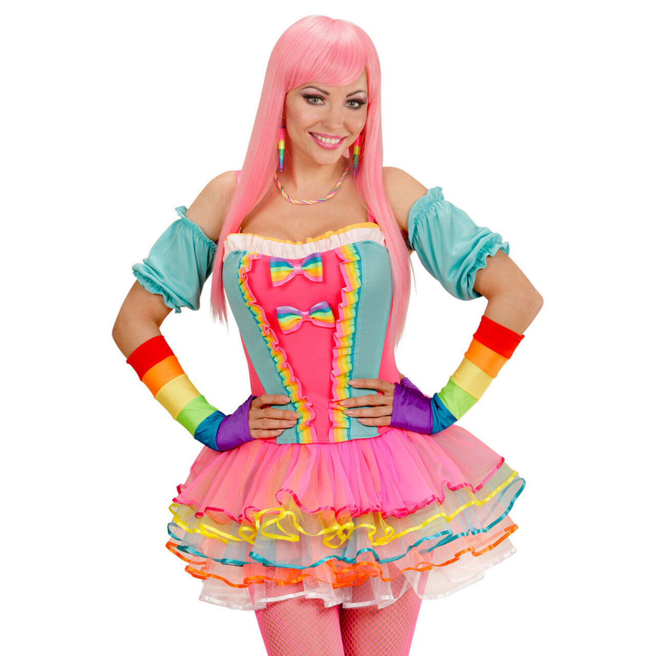 Op deze afbeelding zie je een Accessoires, van het merk Widmann. Tachtiger Jaren Vingerloze Handschoenen Satijn, Regenboog Kleuren