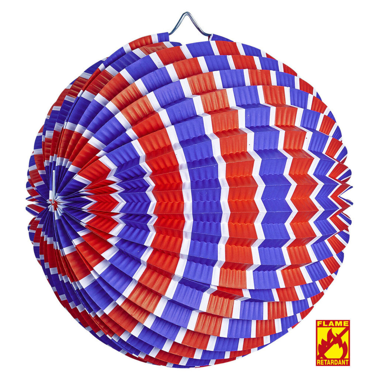 Op deze afbeelding zie je een Decoratie, van het merk Widmann. Feestelijke Papieren Bal Rood / Wit / Blauw Gestreept