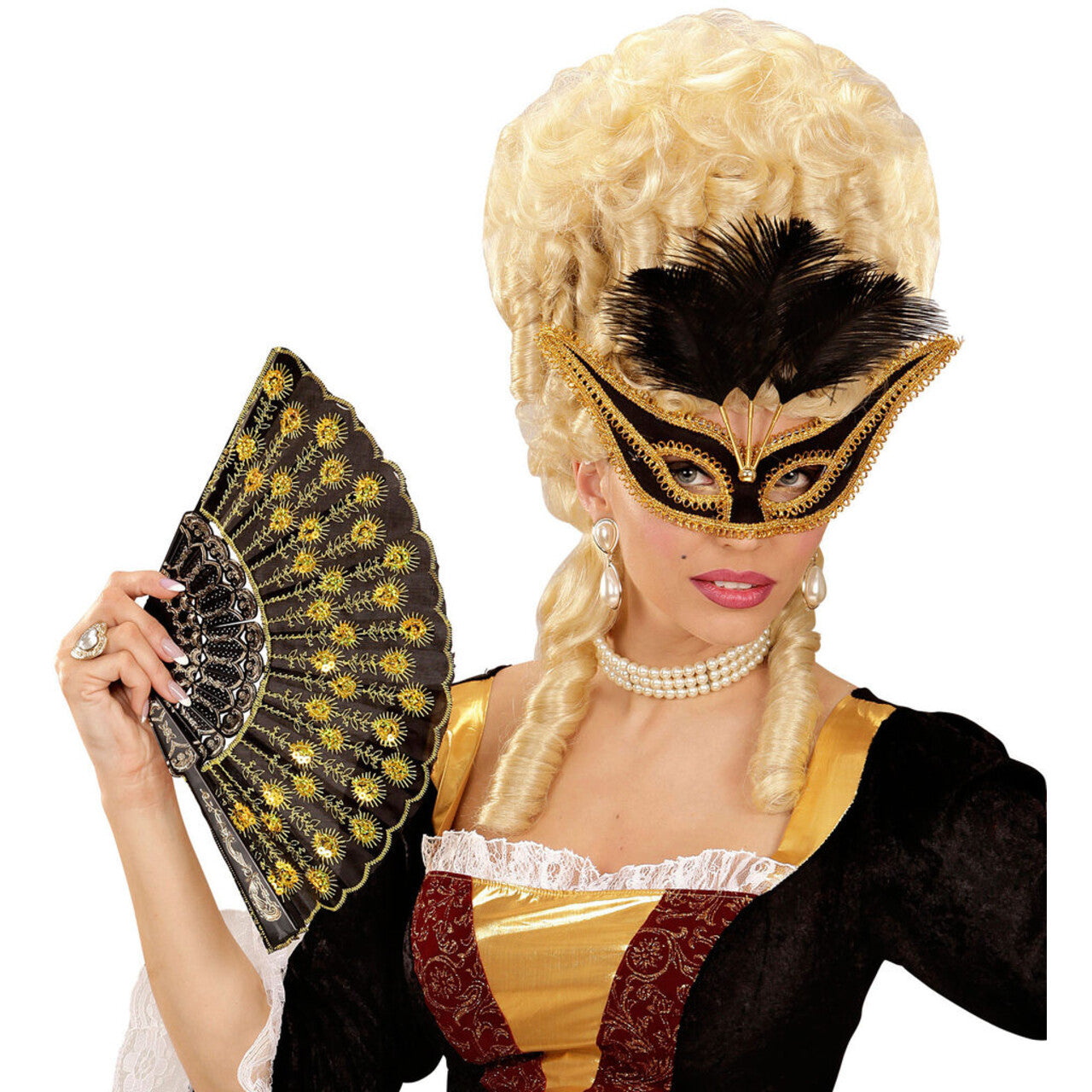 Op deze afbeelding zie je een Accessoires, van het merk Widmann. Uitbundig Oogmasker Zwart Met Goud En Veren