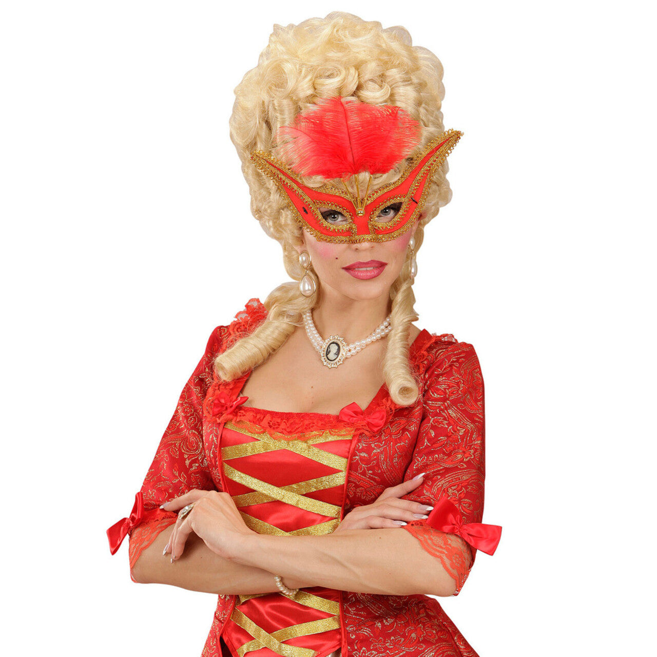 Op deze afbeelding zie je een Accessoires, van het merk Widmann. Uitbundig Oogmasker Rood Met Goud En Veren