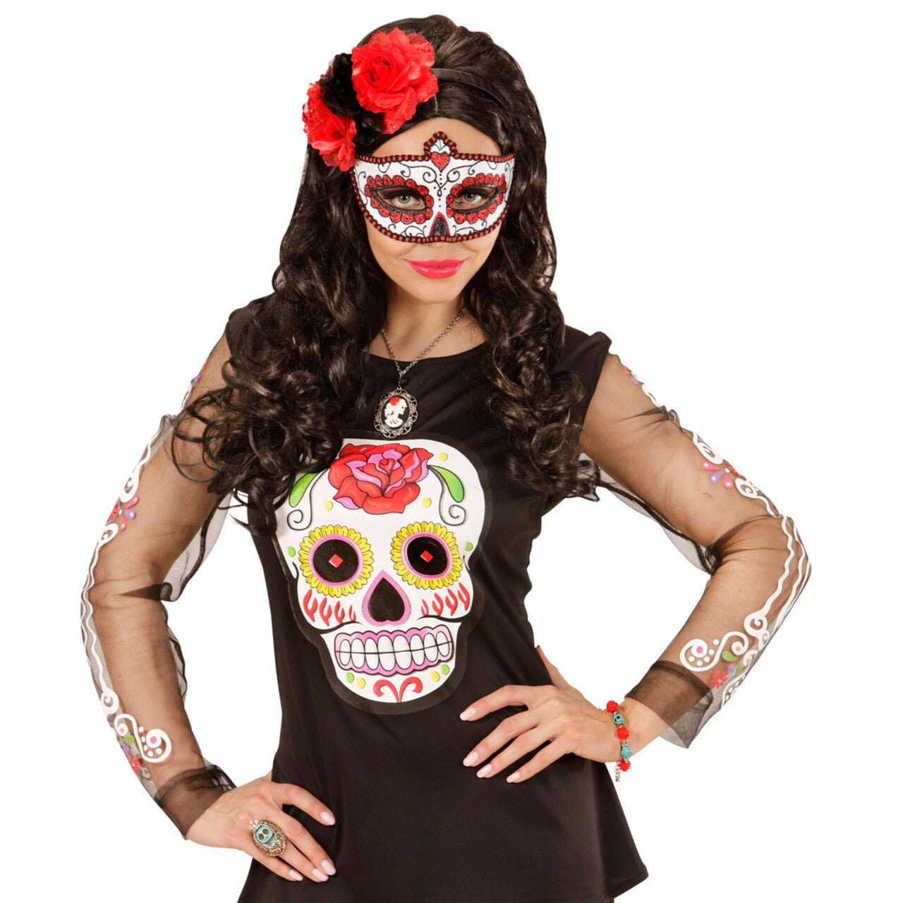 Op deze afbeelding zie je een Accessoires, van het merk Widmann. Mexicaans Oogmasker Dia De Los Muertos Zwart & Rood