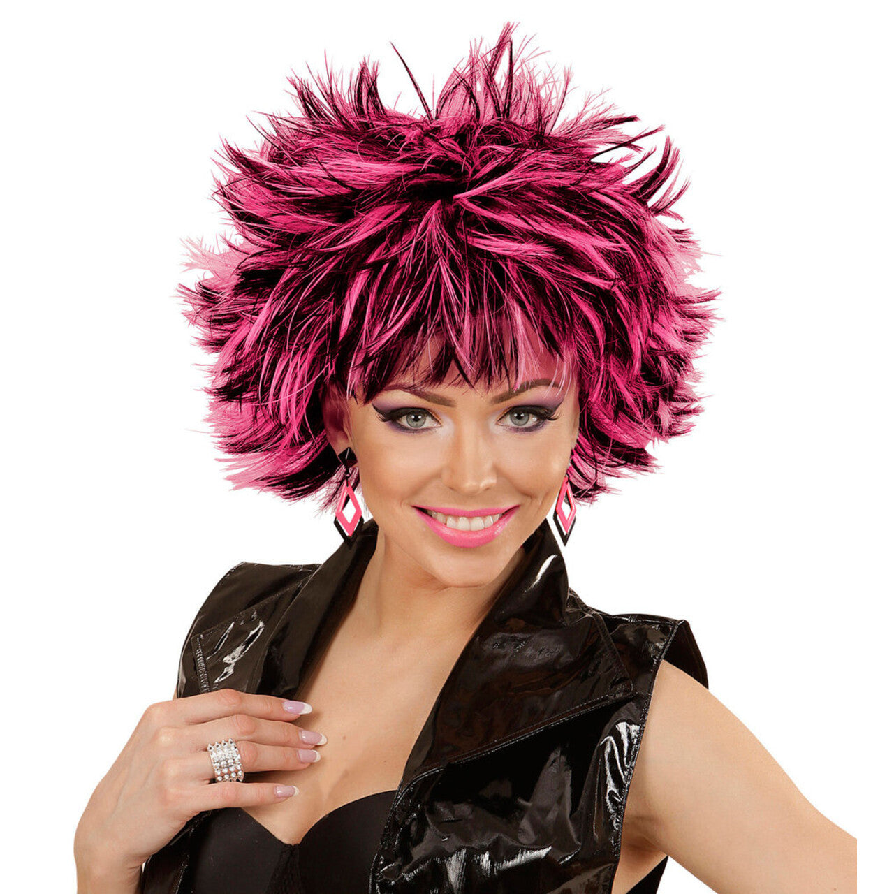 Op deze afbeelding zie je een Accessoires, van het merk Widmann. Punk Chick Pruik, Steamy Zwart / Roze