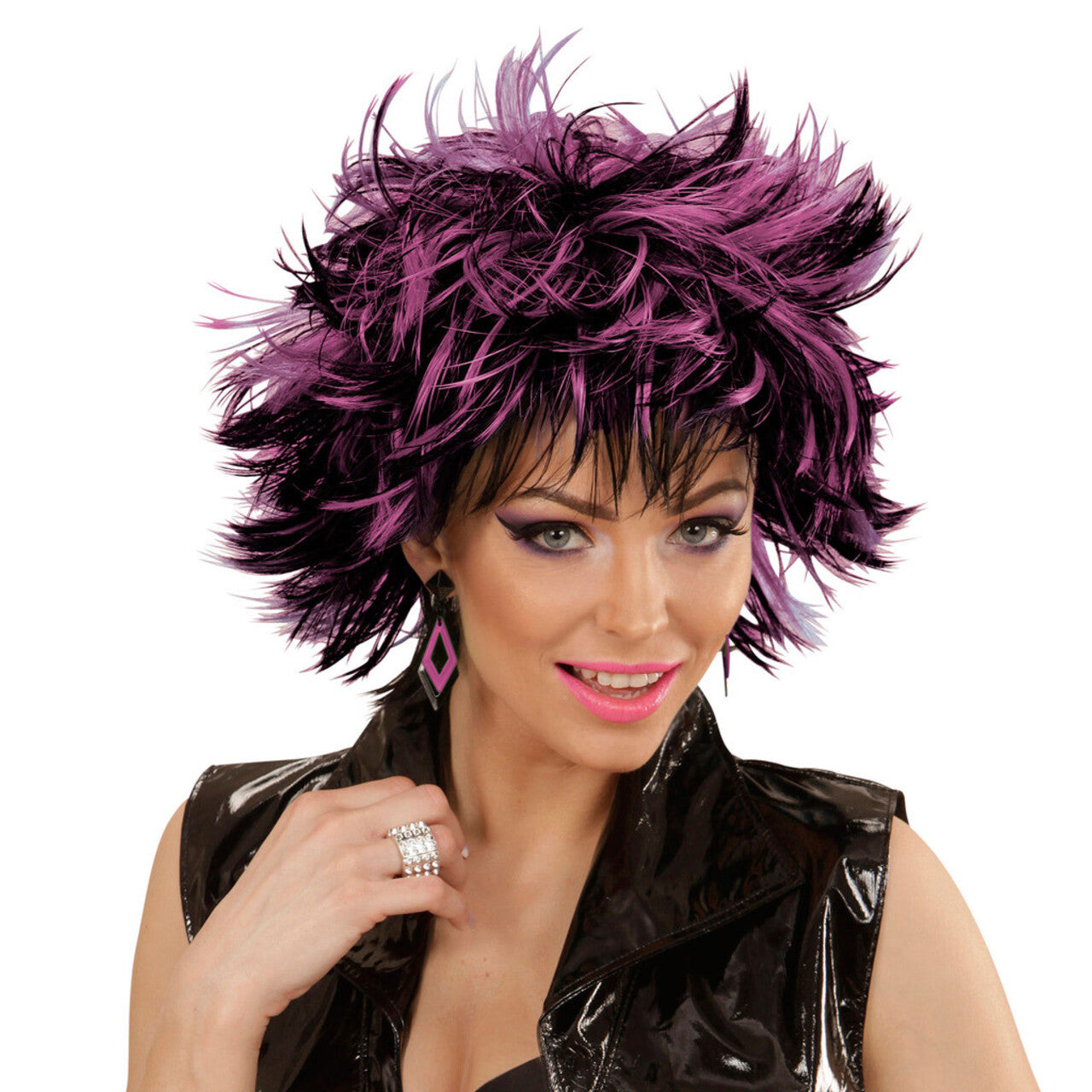 Op deze afbeelding zie je een Accessoires, van het merk Widmann. Punk Chick Pruik, Steamy Zwart / Paars