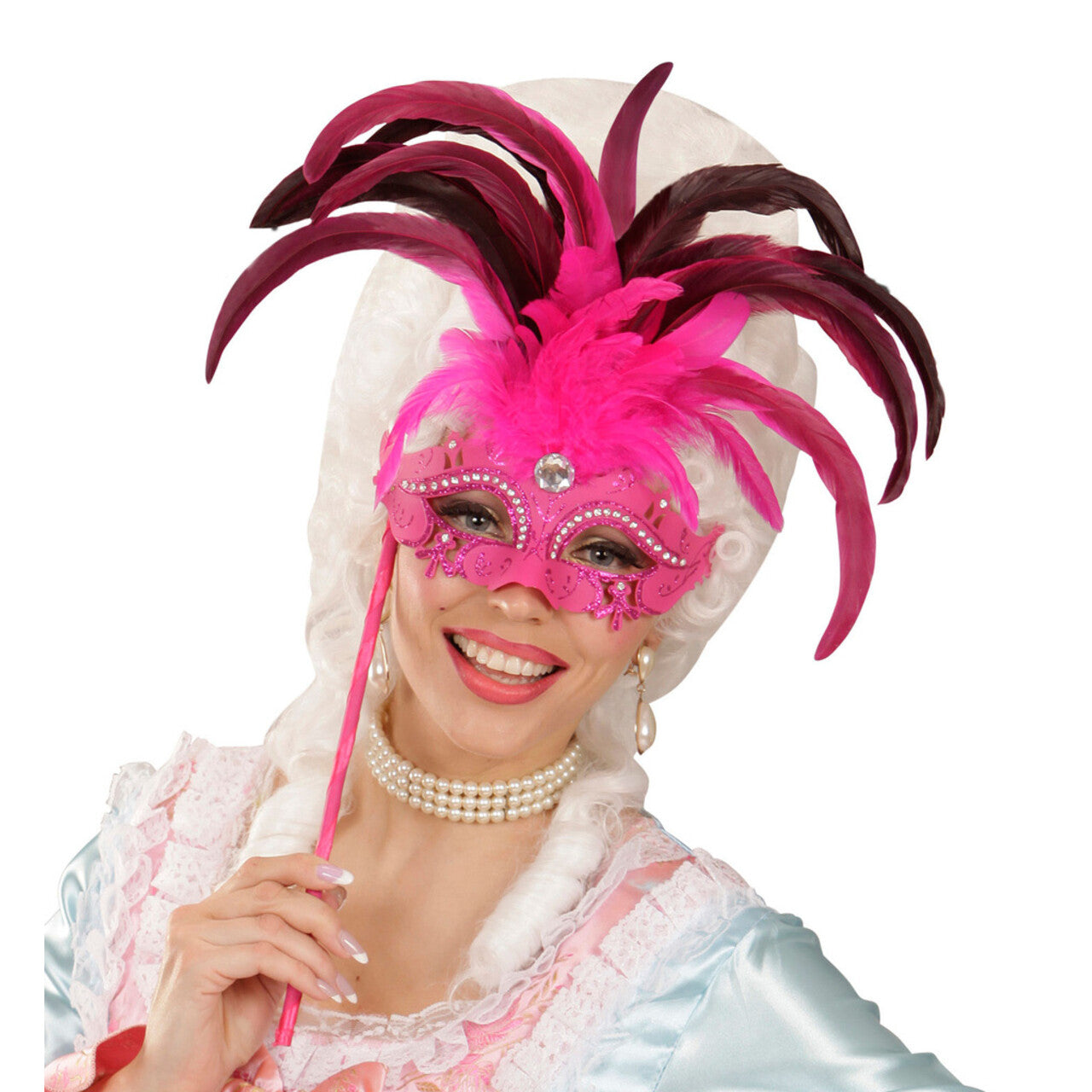 Op deze afbeelding zie je een Accessoires, van het merk Widmann. Gedistingeerd Oogmasker Met Stokje, Roze Luxe Versie