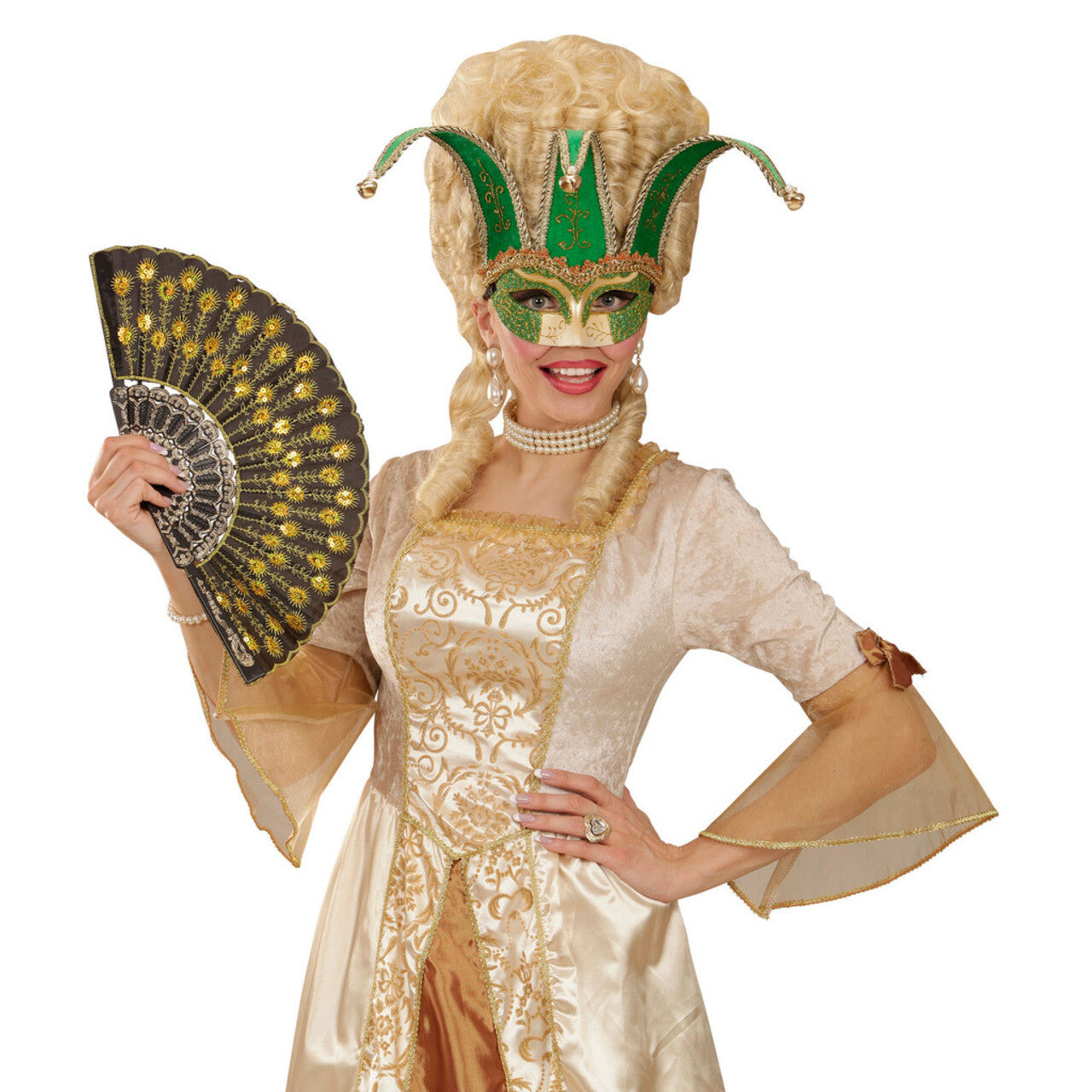 Op deze afbeelding zie je een Accessoires, van het merk Widmann. Nar Oogmasker, Joker Met Decoratie Glitters, Groen
