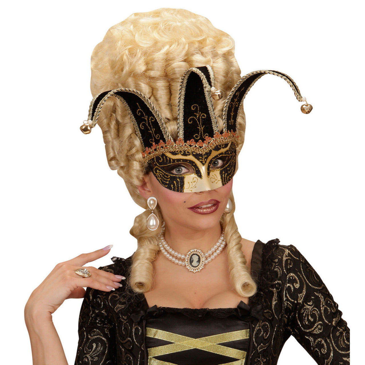 Op deze afbeelding zie je een Accessoires, van het merk Widmann. Nar Oogmasker, Joker Met Decoratie Glitters, Zwart