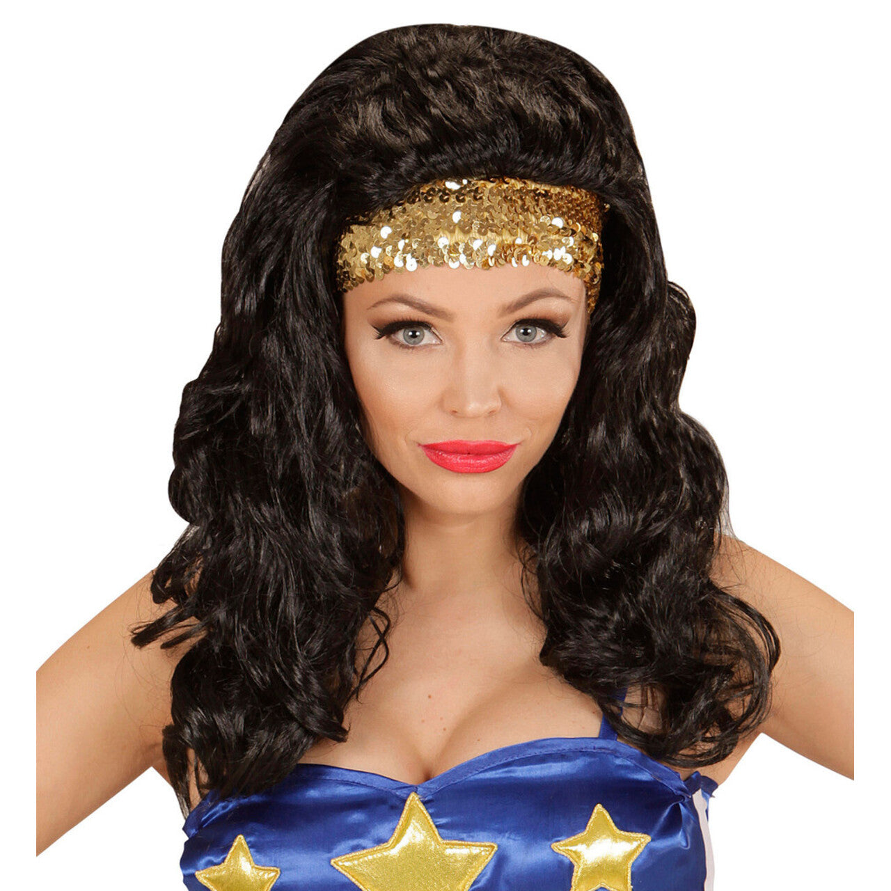 Op deze afbeelding zie je een Accessoires, van het merk Widmann. Superheldin Pruik, Super Hero Meisje Met Hoofdband Pailletten