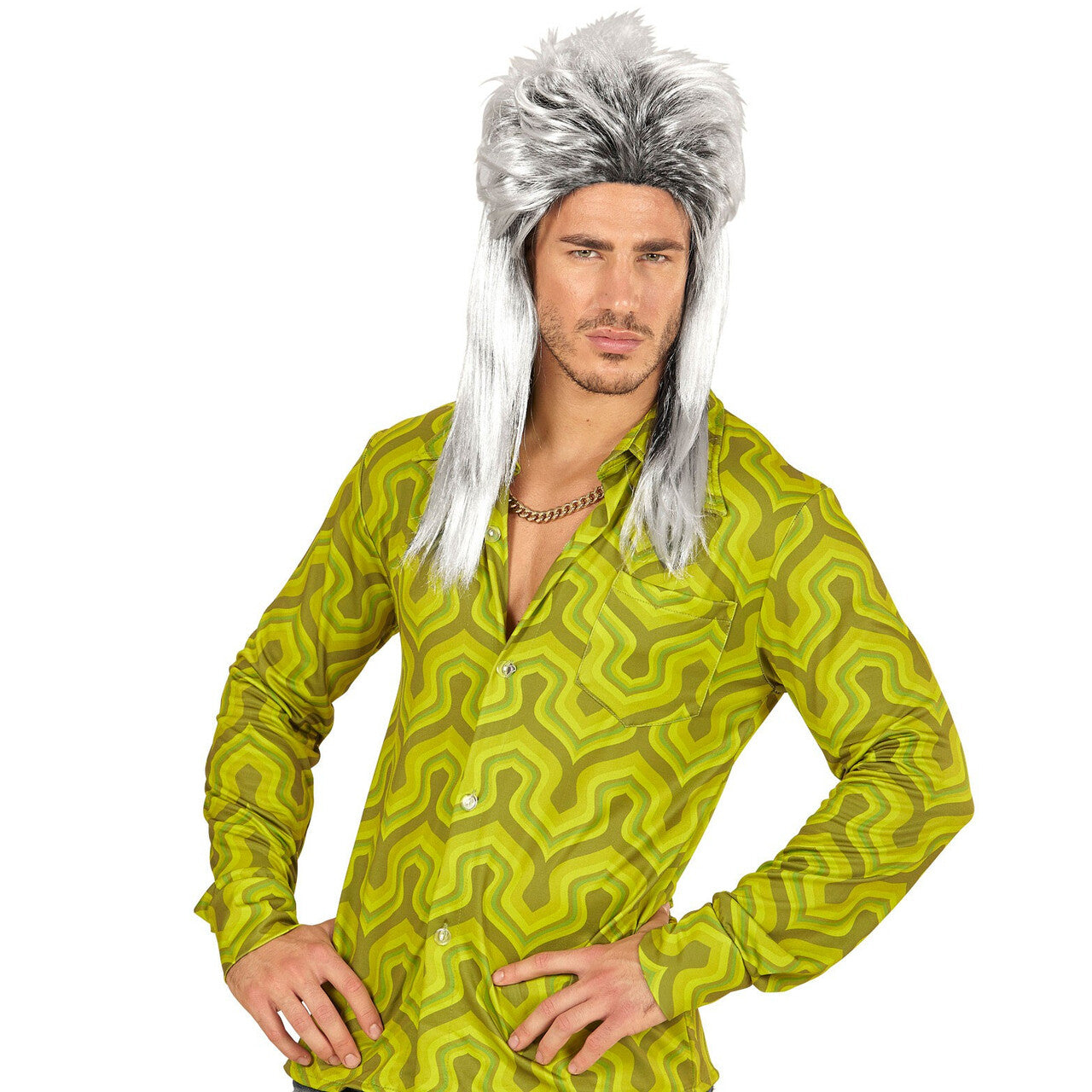 Op deze afbeelding zie je een Accessoires, van het merk Widmann. Brandon Pruik, Mullet 80s Grijs
