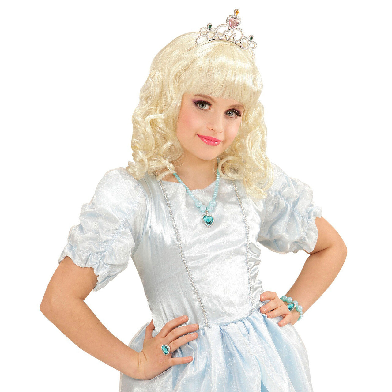 Op deze afbeelding zie je een Accessoires, van het merk Widmann. Prinses Ketting, Armband, Ring Strass Hart Azuur Blauw