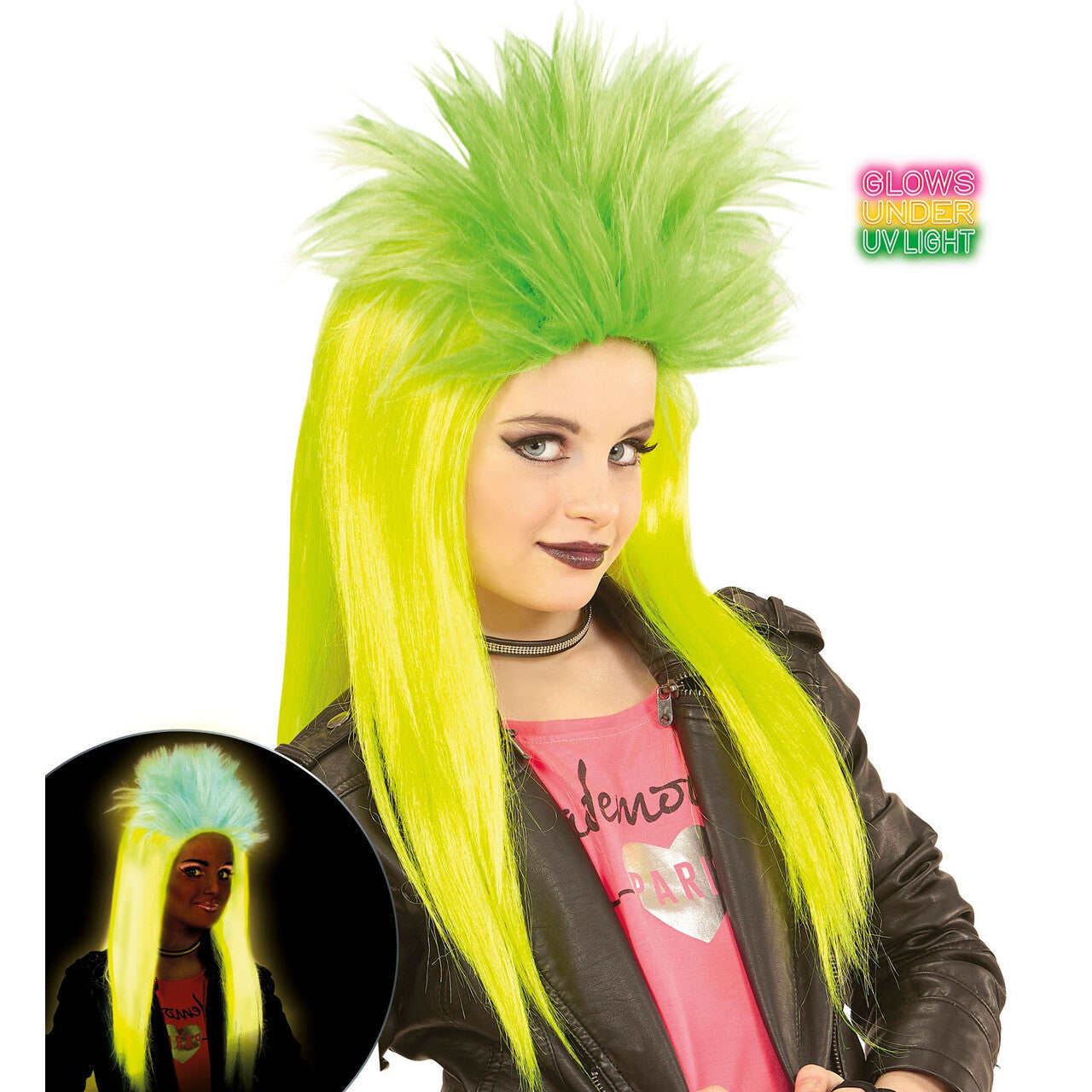 Op deze afbeelding zie je een Accessoires, van het merk Widmann. Neon Rock Pruik Kind Punk Geel / Groen