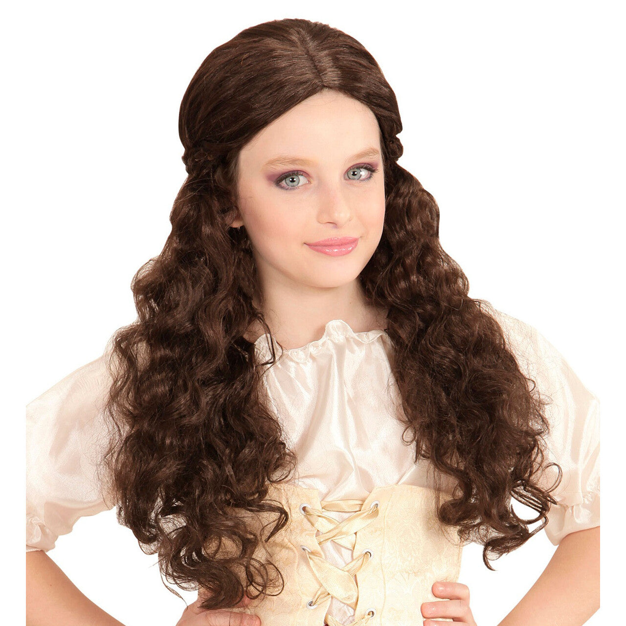 Op deze afbeelding zie je een Accessoires, van het merk Widmann. Milady Pruik, Kind Middeleeuwen Bruin