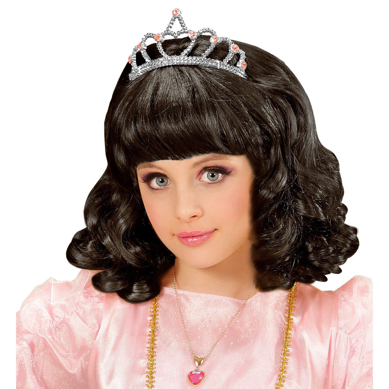 Op deze afbeelding zie je een Accessoires, van het merk Widmann. Schoonheidskoningin Pruik, Prinses Zwart Met Kroon Kind