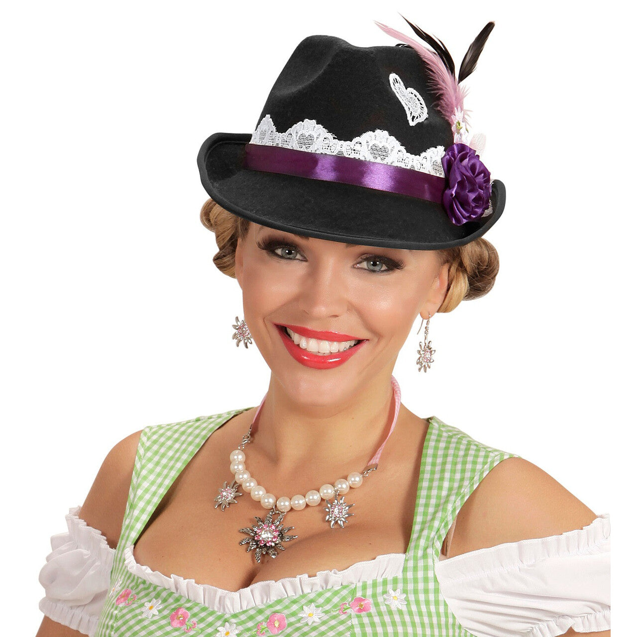 Op deze afbeelding zie je een Accessoires, van het merk Widmann. Zwarte Beierse Fedora Met Decoratie