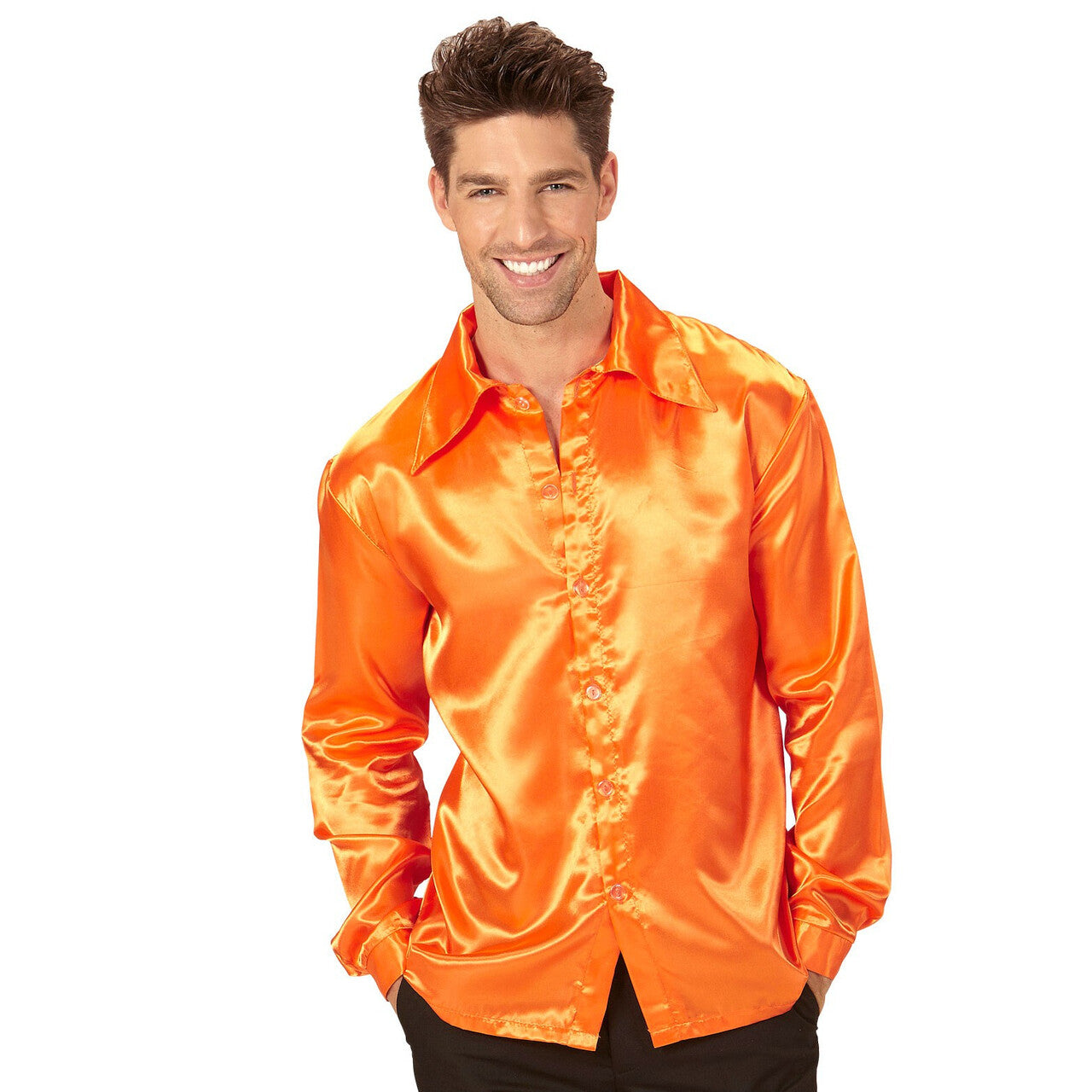 Op deze afbeelding zie je een Kostuums, van het merk Widmann. Cool Dancer Discoshirt 70s, Oranje Man