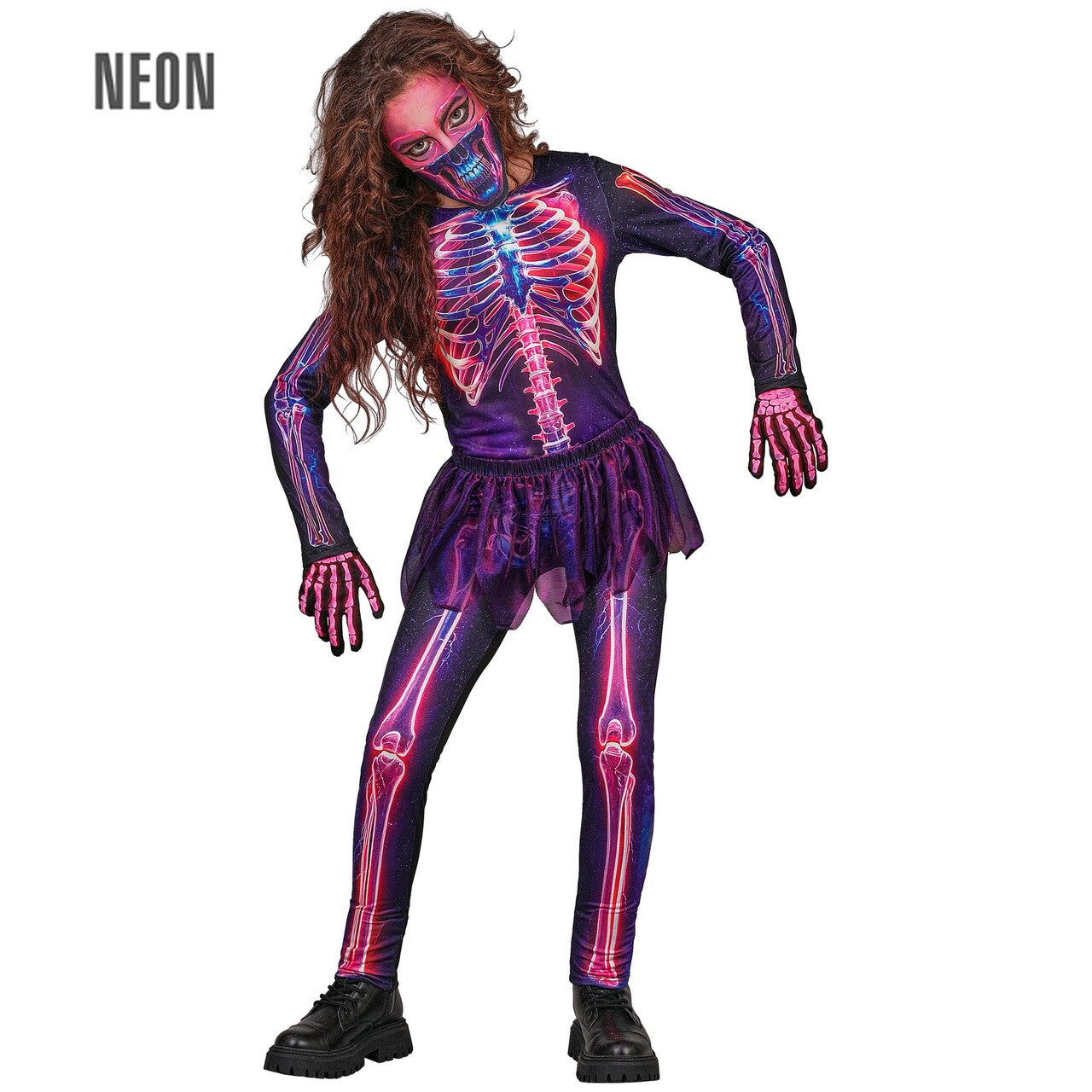Op deze afbeelding zie je een Kostuums, van het merk Widmann. Freaky Neon Galaxy Skelet Meisje Kostuum