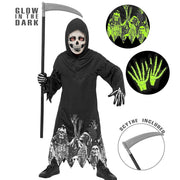 Op deze afbeelding zie je een Kostuums, van het merk Widmann. Glow Ghosts Reaper Jongen Kostuum