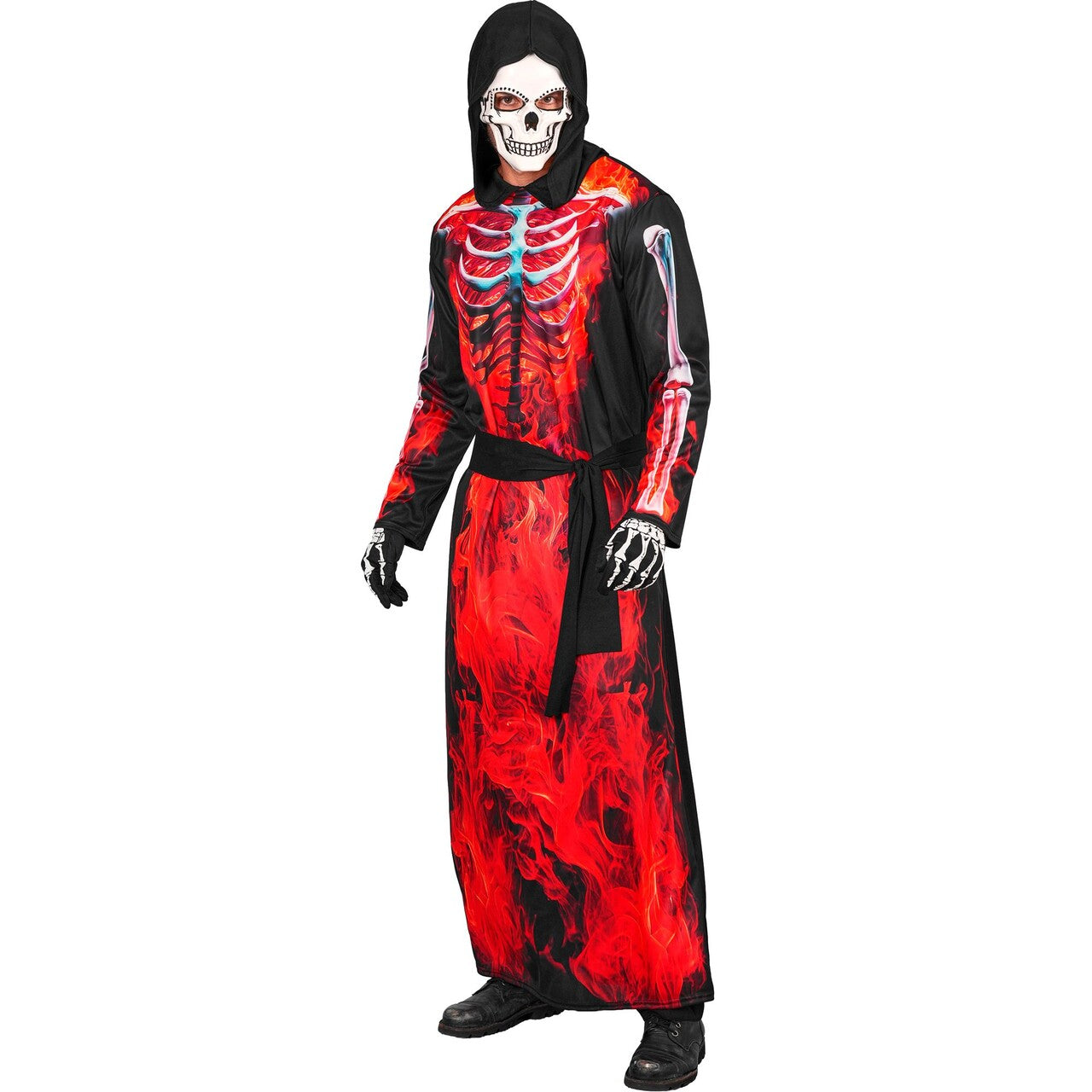 Op deze afbeelding zie je een Kostuums, van het merk Widmann. Flames And Fire Grim Reaper Man Kostuum