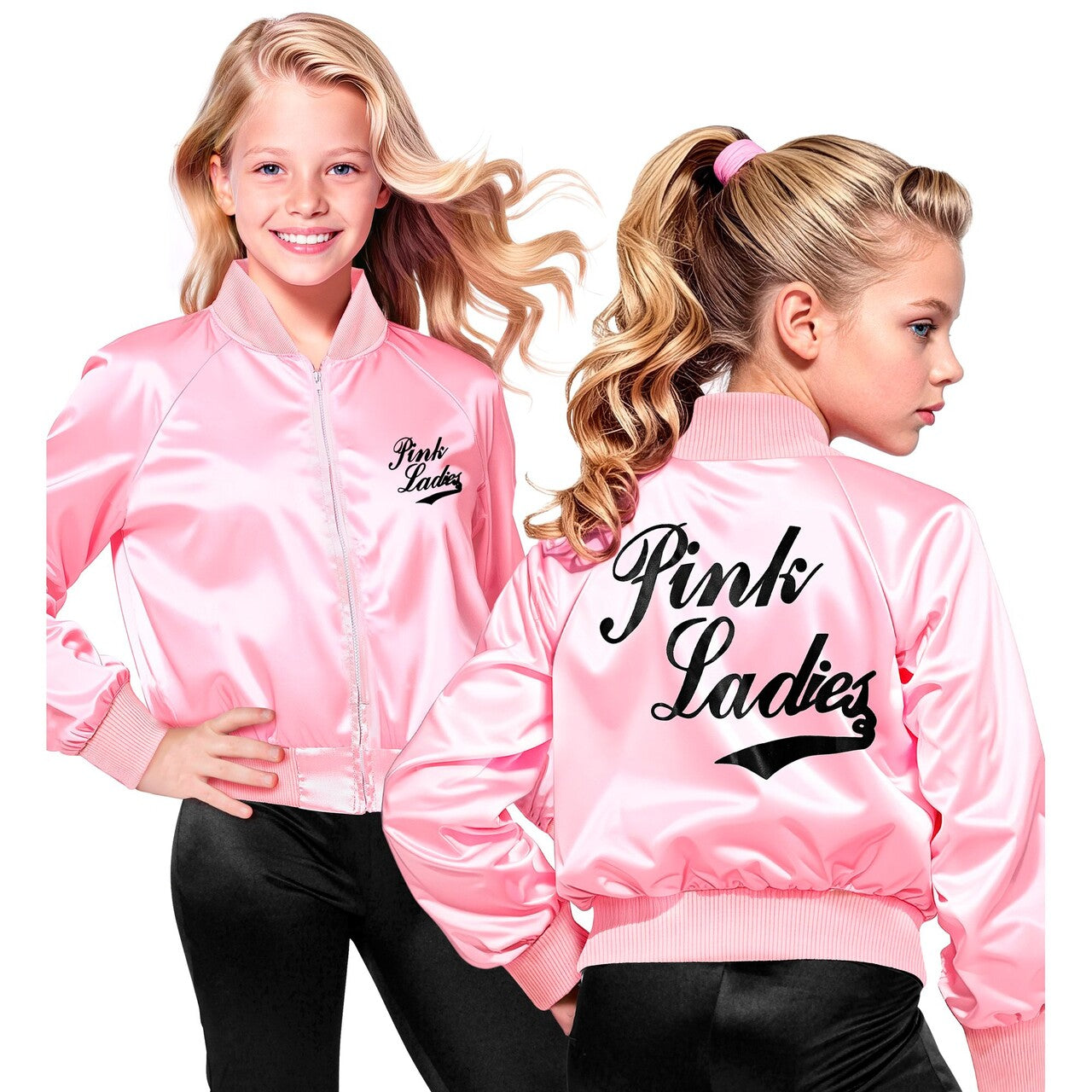 Op deze afbeelding zie je een Kostuums, van het merk Widmann. Pink Ladies Jas Grease Meisje