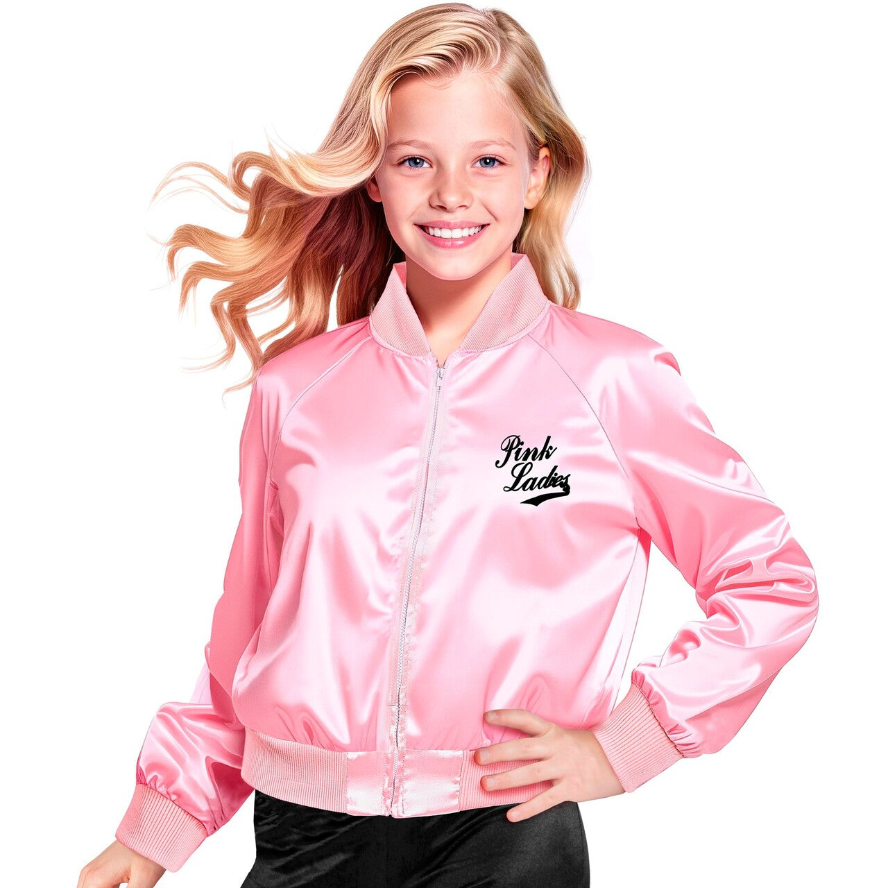 Op deze afbeelding zie je een Kostuums, van het merk Widmann. Pink Ladies Jas Grease Meisje